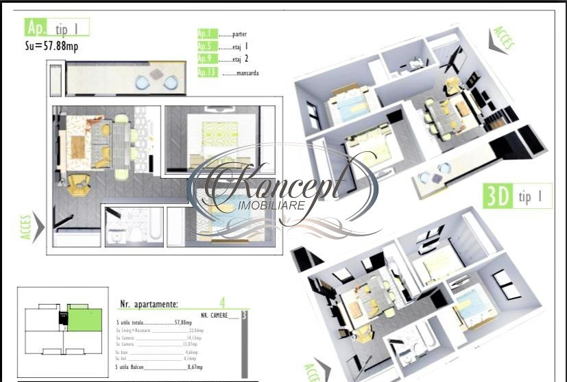 Apartament 3 camere cu gradina, constructie noua in Apahida