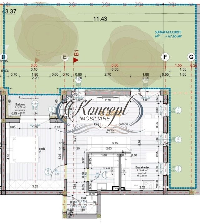 Apartament semifinisat cu gradina de 67 mp