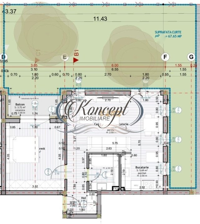 Apartament semifinisat cu gradina de 67 mp