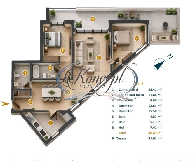 Apartament cu 3 camere si terasa, strada Dunarii